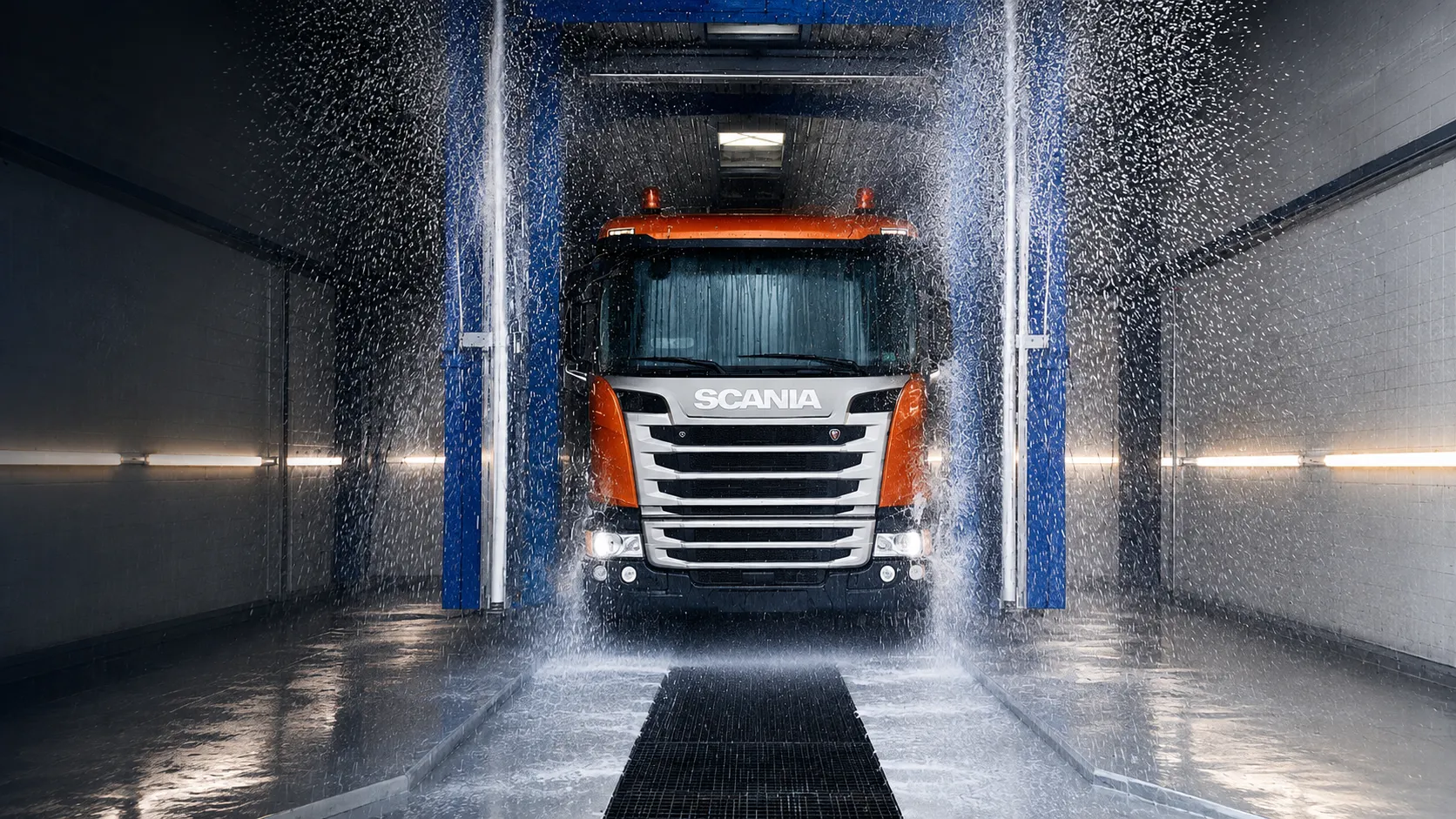 Orange Scania-lastbil i automatisk vaskehal med vandsprøjt